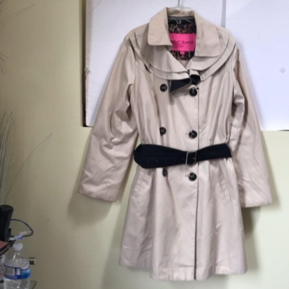 Betsey Johnson Ruffle Trench Lightweight Double Breasted Coat Cotton Tan Belt L - Picture 2 of 15